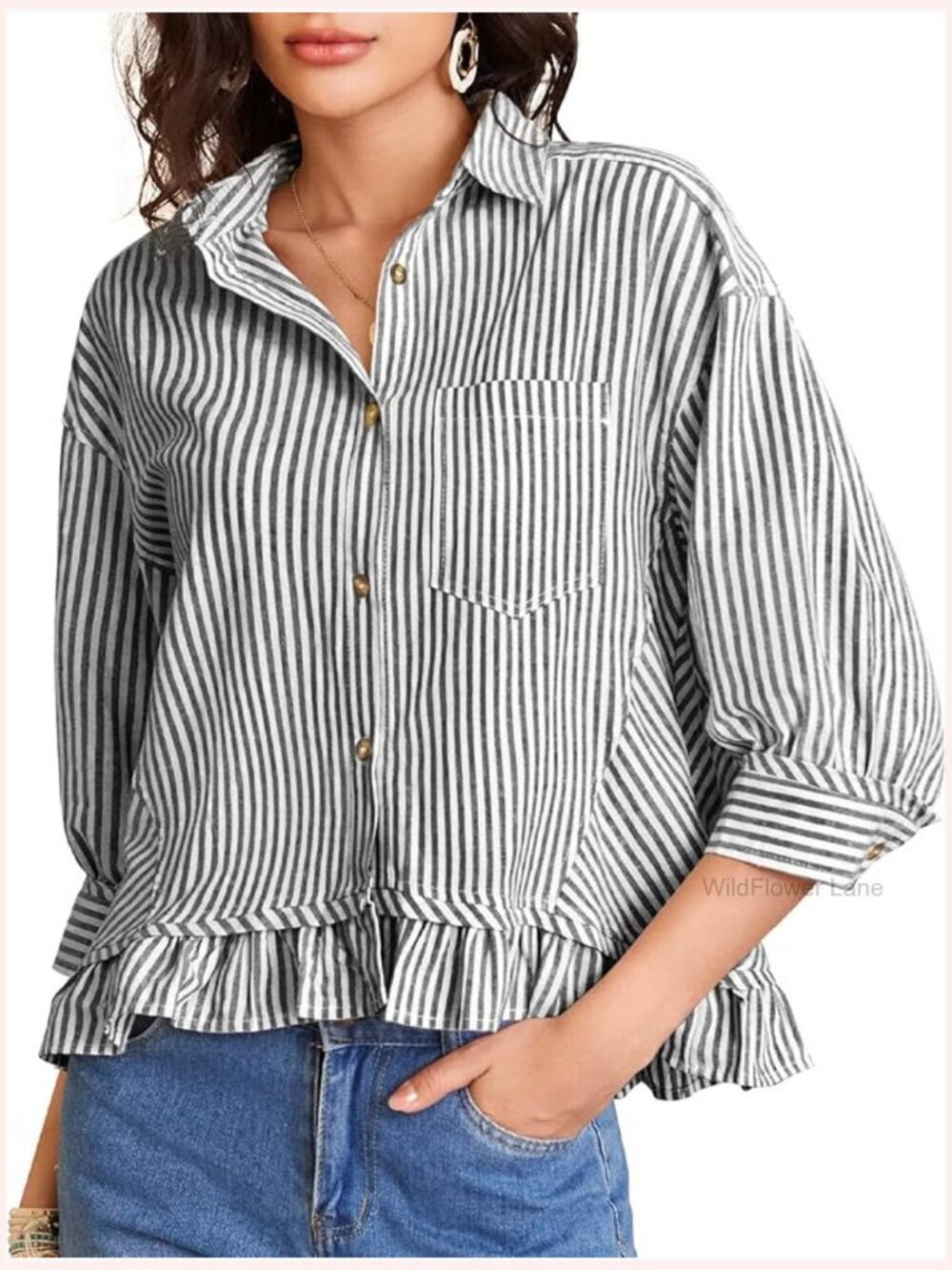 Women's Striped Button Down Cotton Ruffle Hem Blouse 3/4 Sleeve Casual Top
